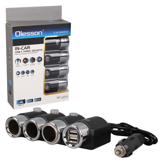 Olesson 1508 12-24V Çift USB Girişli 120W 80Cm Kablolu 3'Lü Araç Çakmak Çoklayıcı