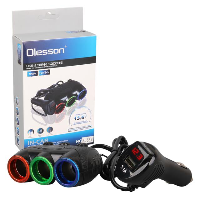 Olesson 1633 12-24V Tek USB Girişli 120W 80Cm Kablolu Dijital Voltaj Ekranlı 3'Lü Araç Çakmak Çoklayıcı