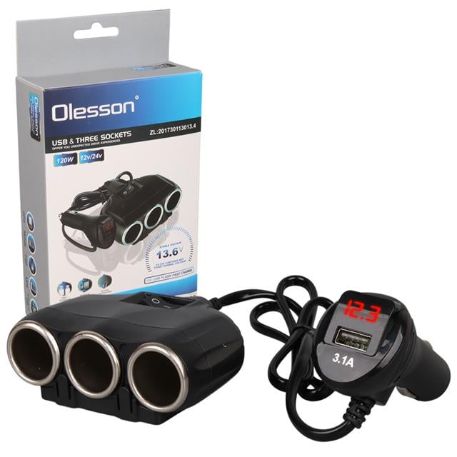 Olesson 1634 12-24V Tek USB Girişli 120W 80Cm Kablolu Dijital Voltaj Ekranlı 3'Lü Araç Çakmak Çoklayıcı